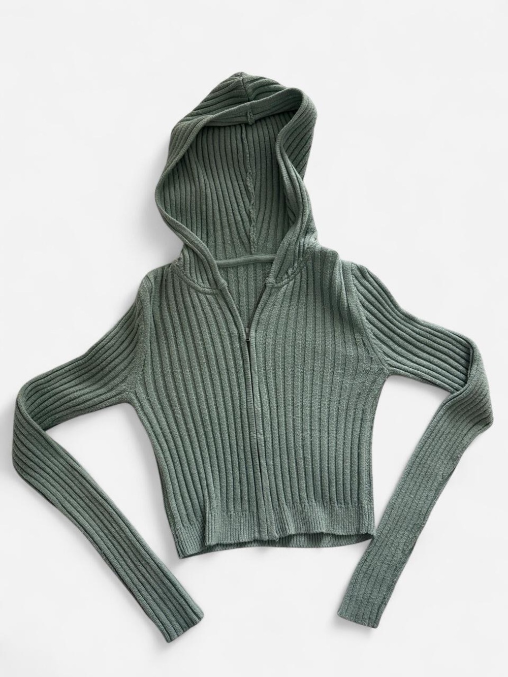 Cropped Ribbed Hoodie Sweater in Sage Green